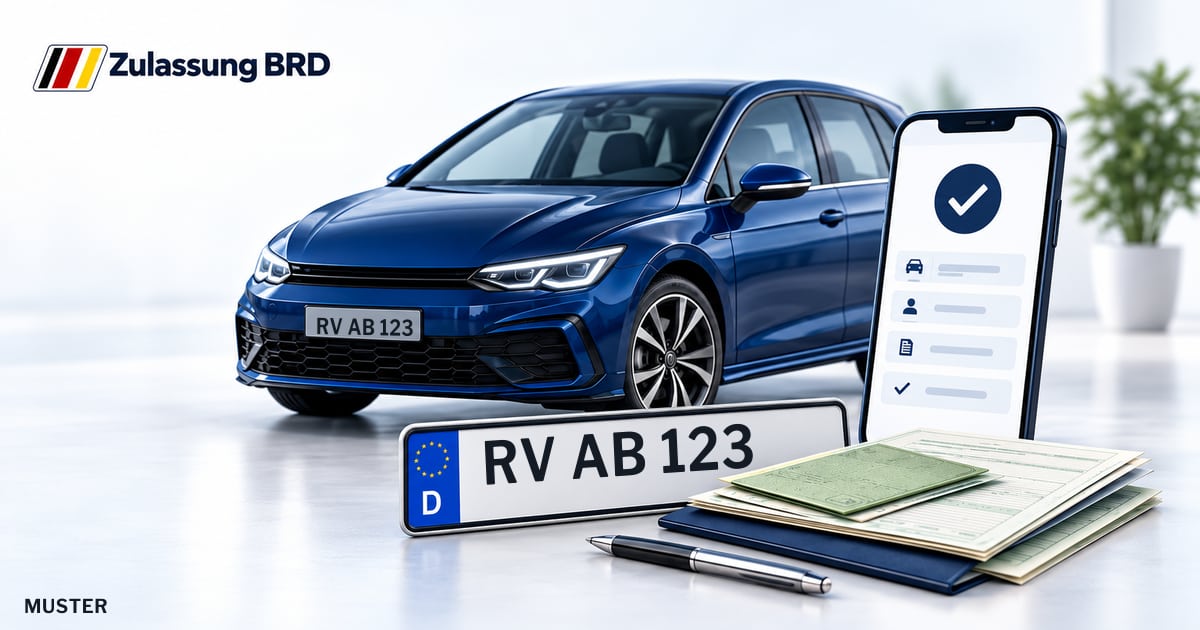 Online Fahrzeugzulassung in Weingarten: Musterkennzeichen RV AB 123, Auto und Fahrzeugpapiere und Smartphone. Illustration mit Logo von Zulassung BRD.